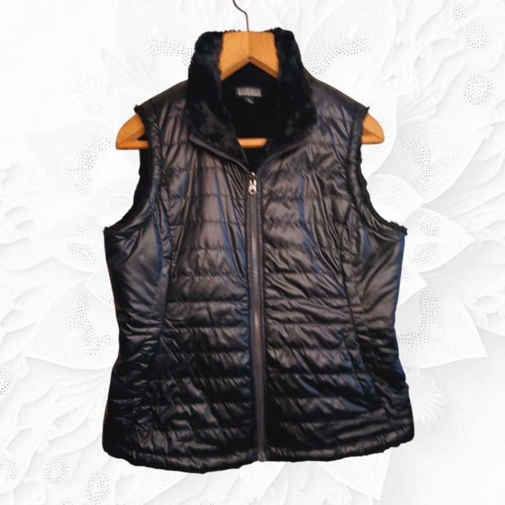 Nicole Miller Original Front Zip Black Puffy Vest With Cozy Faux Fur Inside